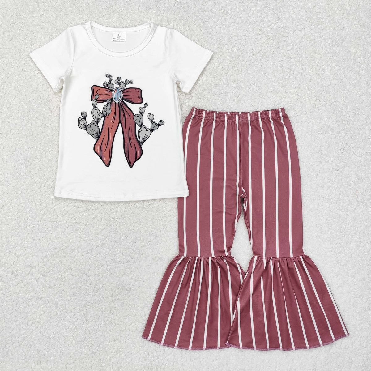 GSPO1704 Western cactus bow short sleeve brown striped pants girls set