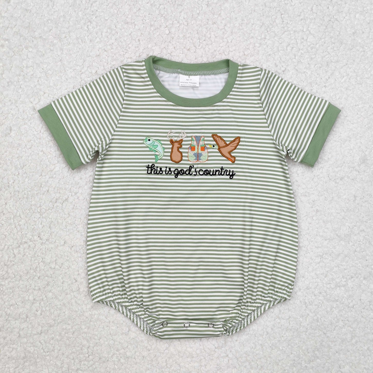 embroidery SR2263 this is god's country mallard deer fish green striped short sleeve girls romper