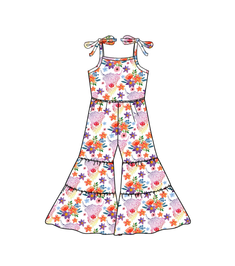 preorder SR0576 Highland cow colorful flowers girls jumpsuit