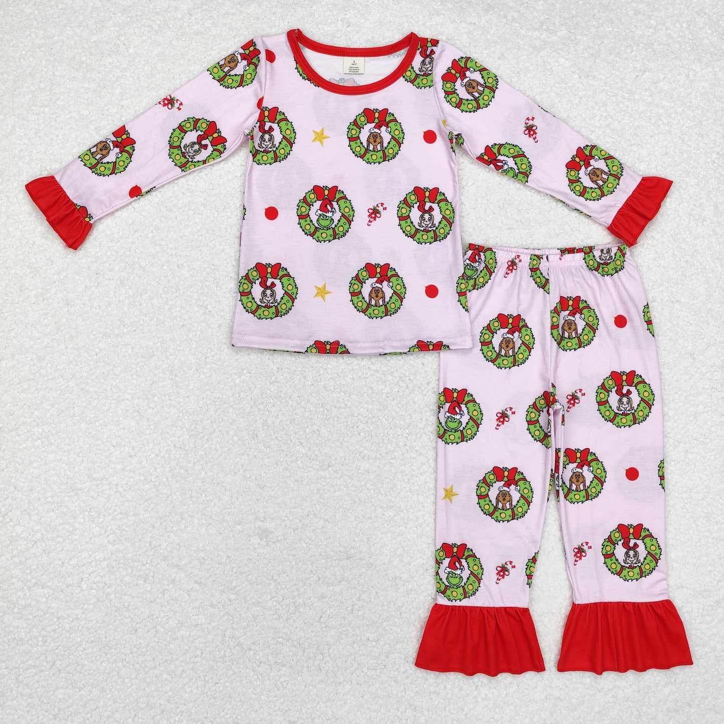 Custom moq 20 bamboo Christmas green face pink long sleeve pants girls pajamas