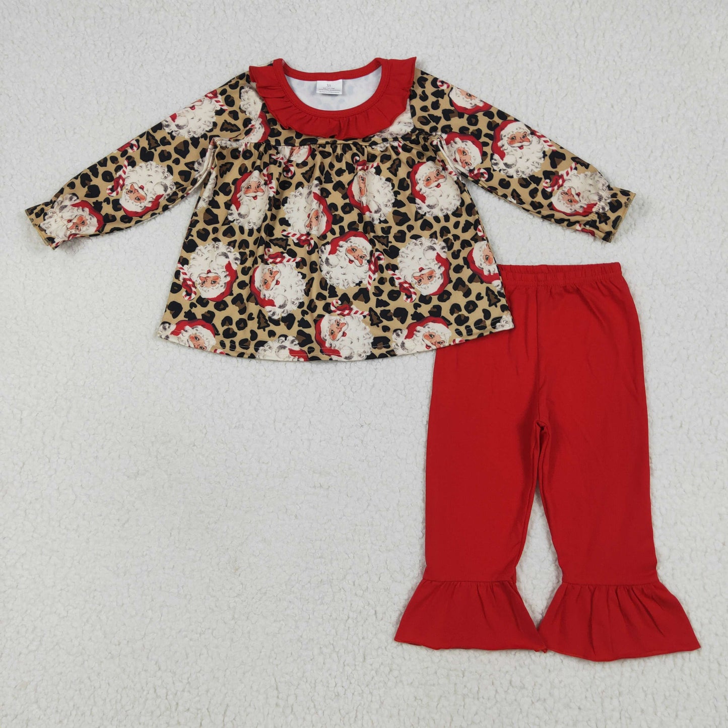 GLP2369 Christmas Santa leopard long sleeve red pants girls set