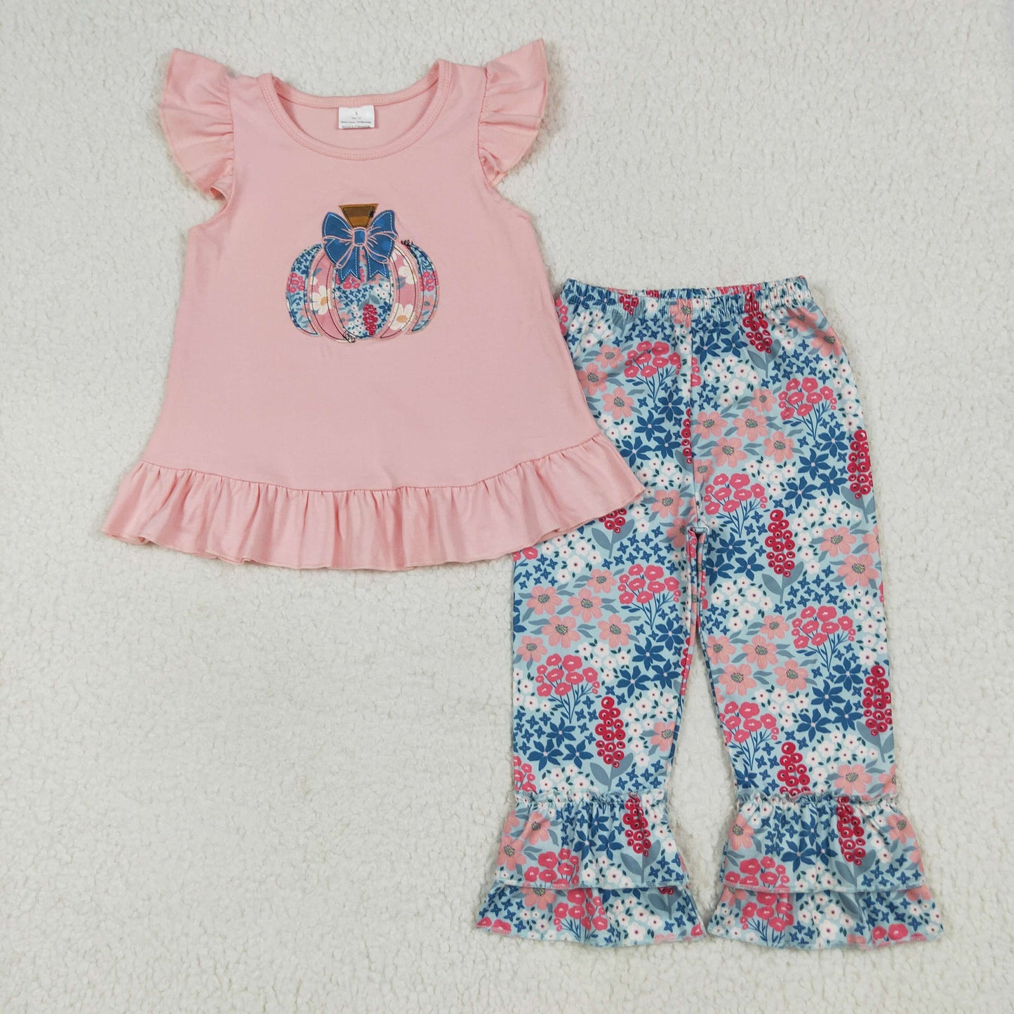GSPO2032 flowers pumpkin pink flutter sleeve pants girls set
