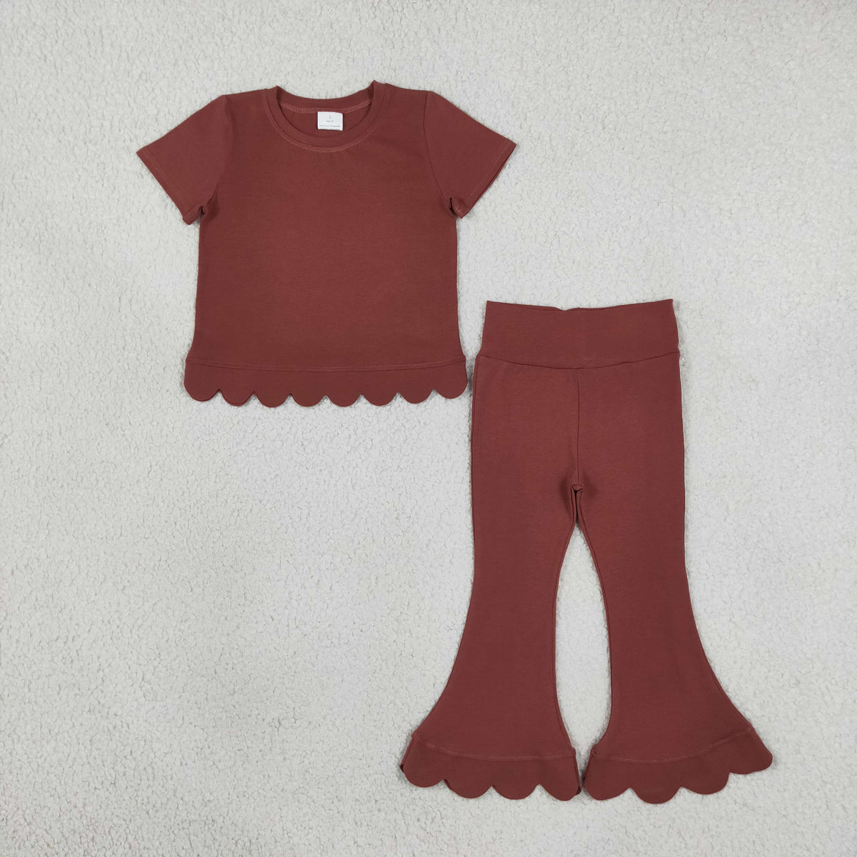 GSPO2347 Scallop Brown Short Sleeve Pants Girls Set
