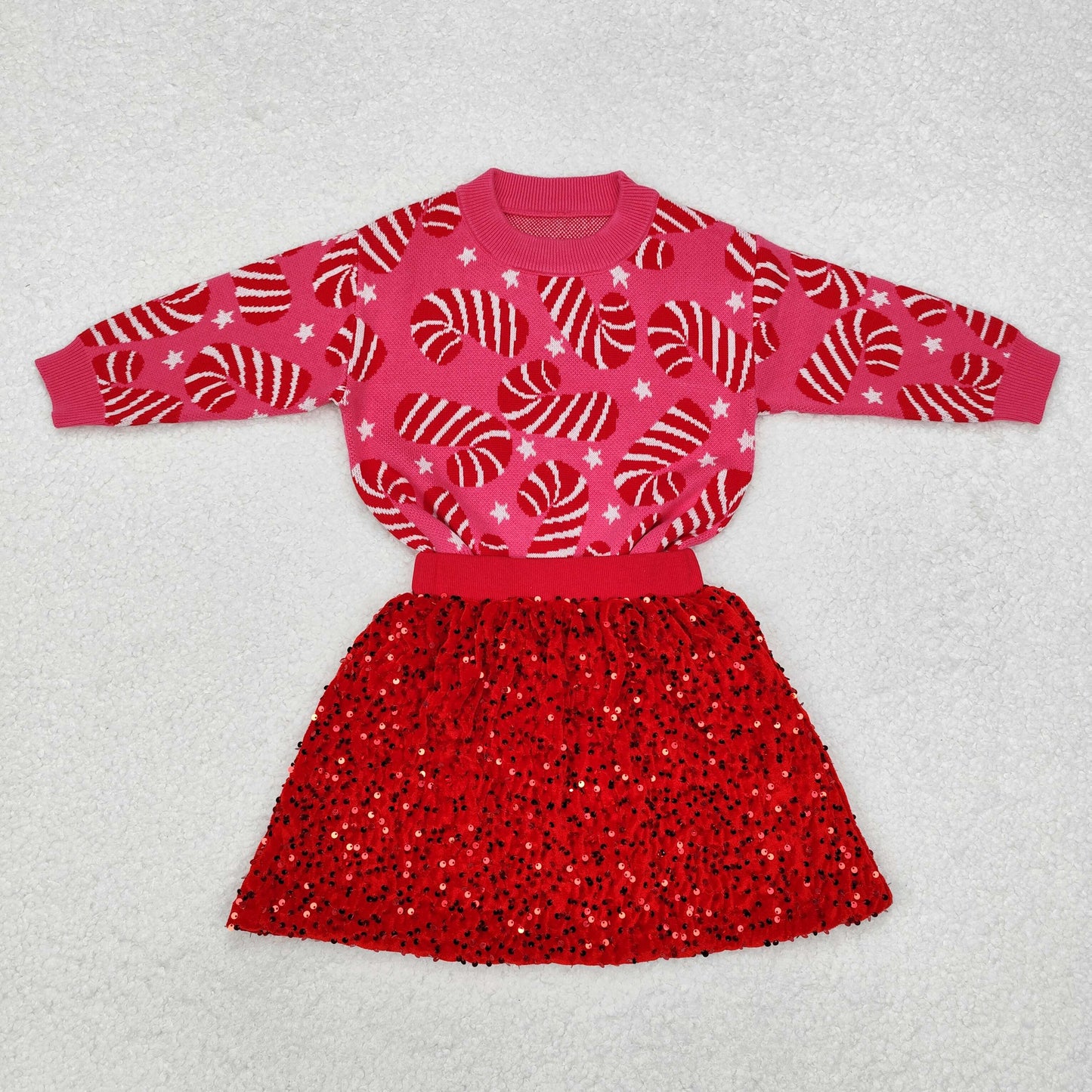 GLD0671 Christmas cane candy hot pink sweater red sequin skirt girls set