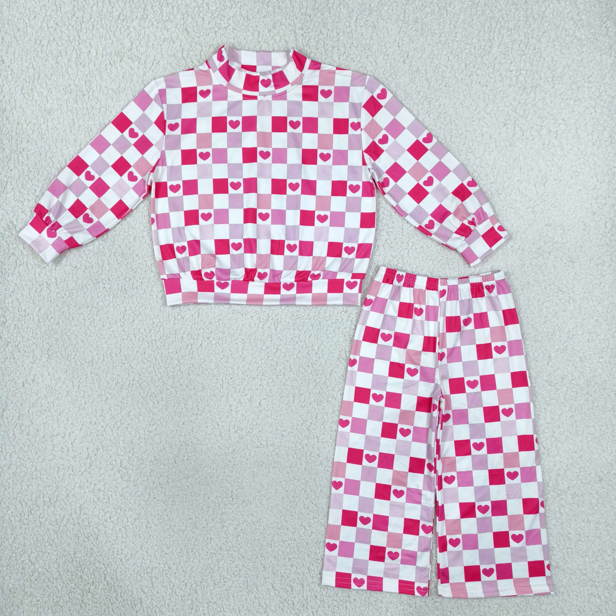 GLP3867 Valentine's Day Hot Pink Heart Checkered Mock Neck Long Sleeve Pants Girls Set