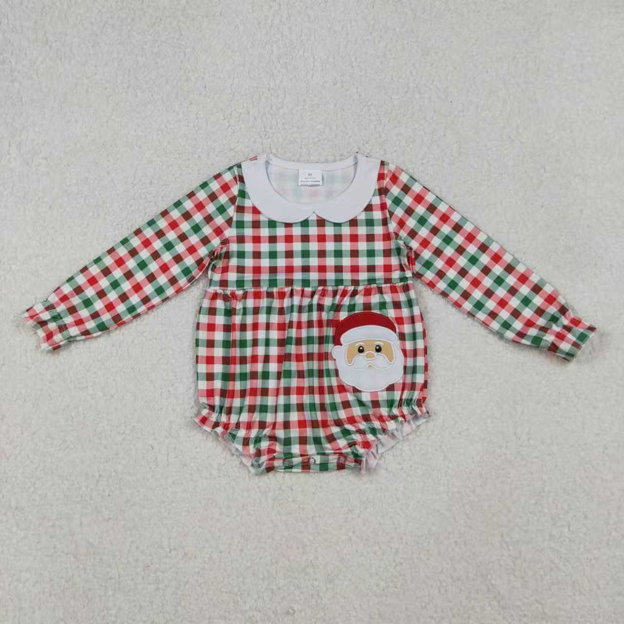 embroidery Christmas Santa checkered romper/set RTS Sibling Clothes