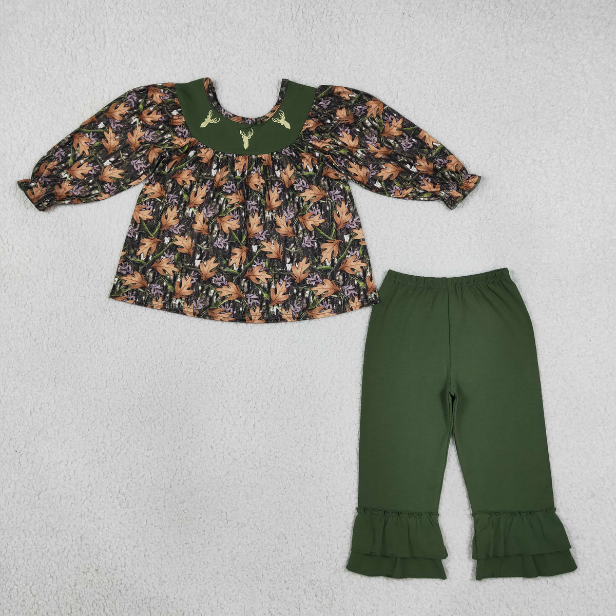 Embroidery GLP2908 hunting deer branch long sleeve green pants girls set