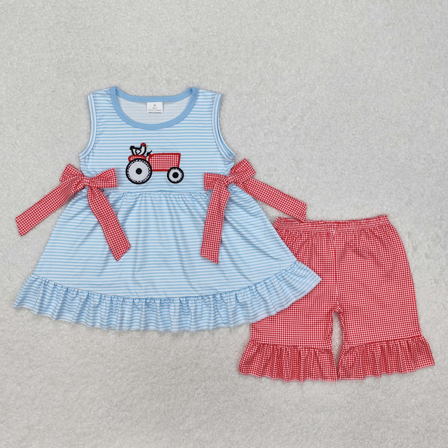embroidery GSSO1728 Farm Chick Truck Bow Blue Striped Sleeveelss Red Checkered Shorts Girls Set
