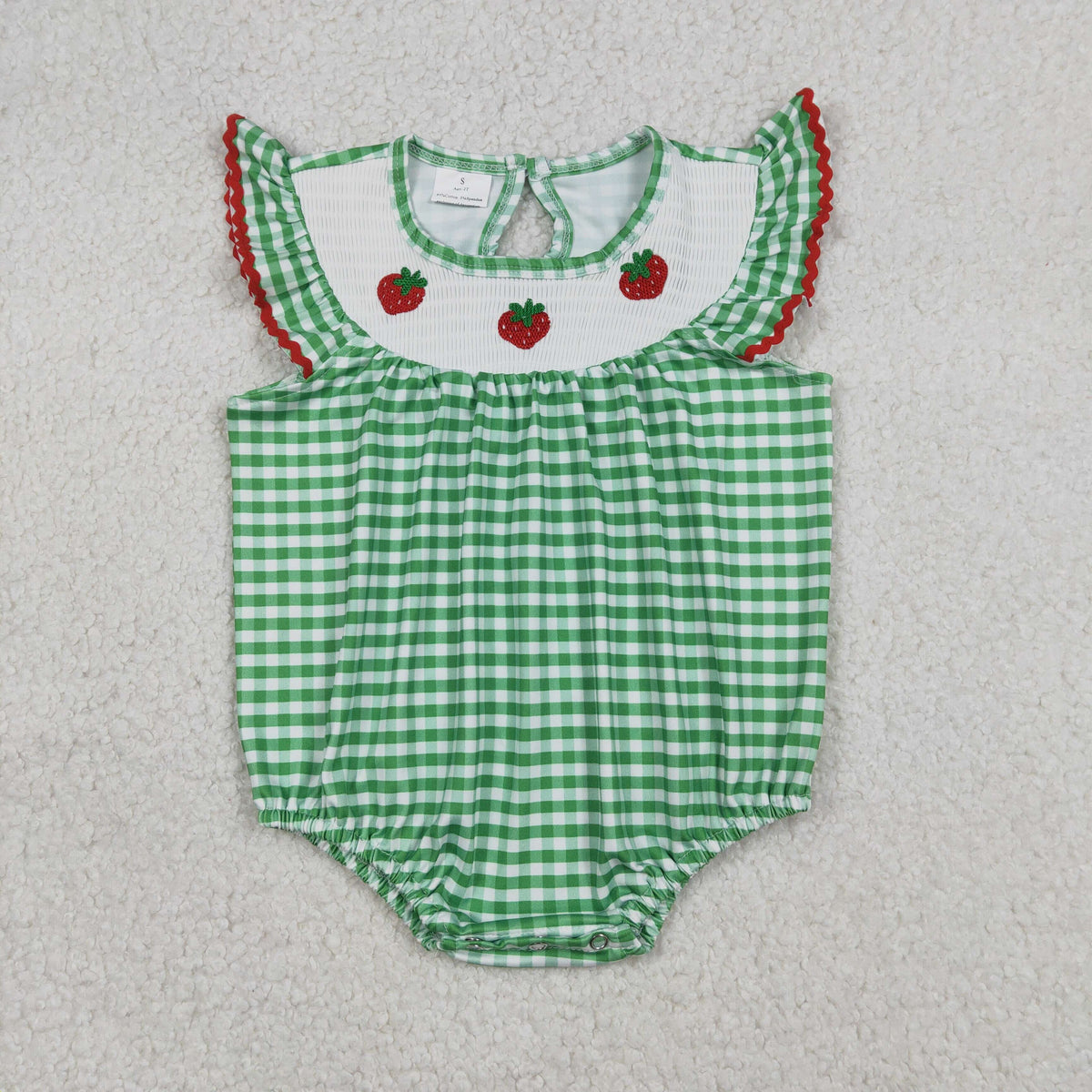 Embroidery SR3550 Strawberry Green Checkered Flutter Sleeve Girls Romper