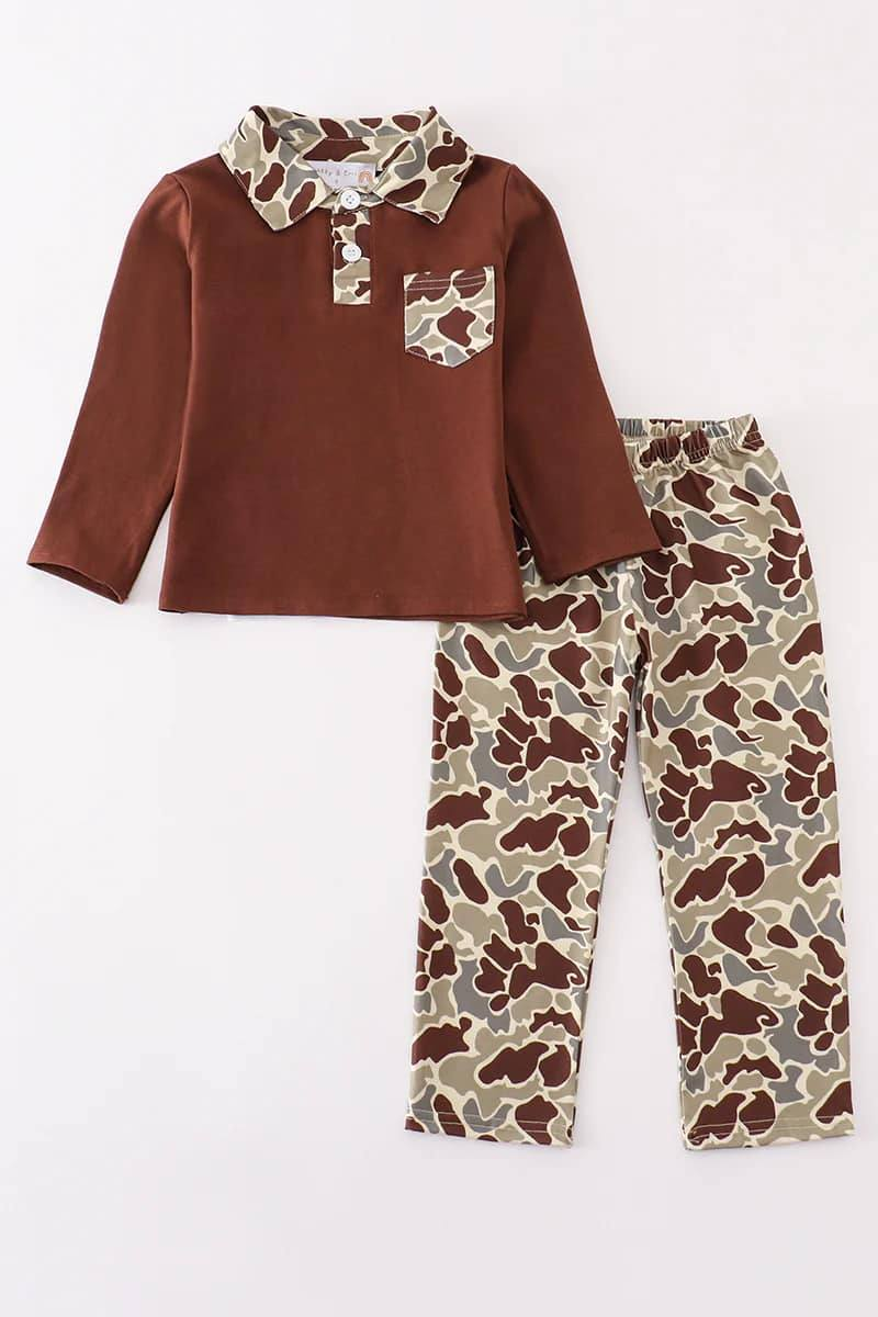 Preorder brown camo old school camo pocket long sleeve pants boys set