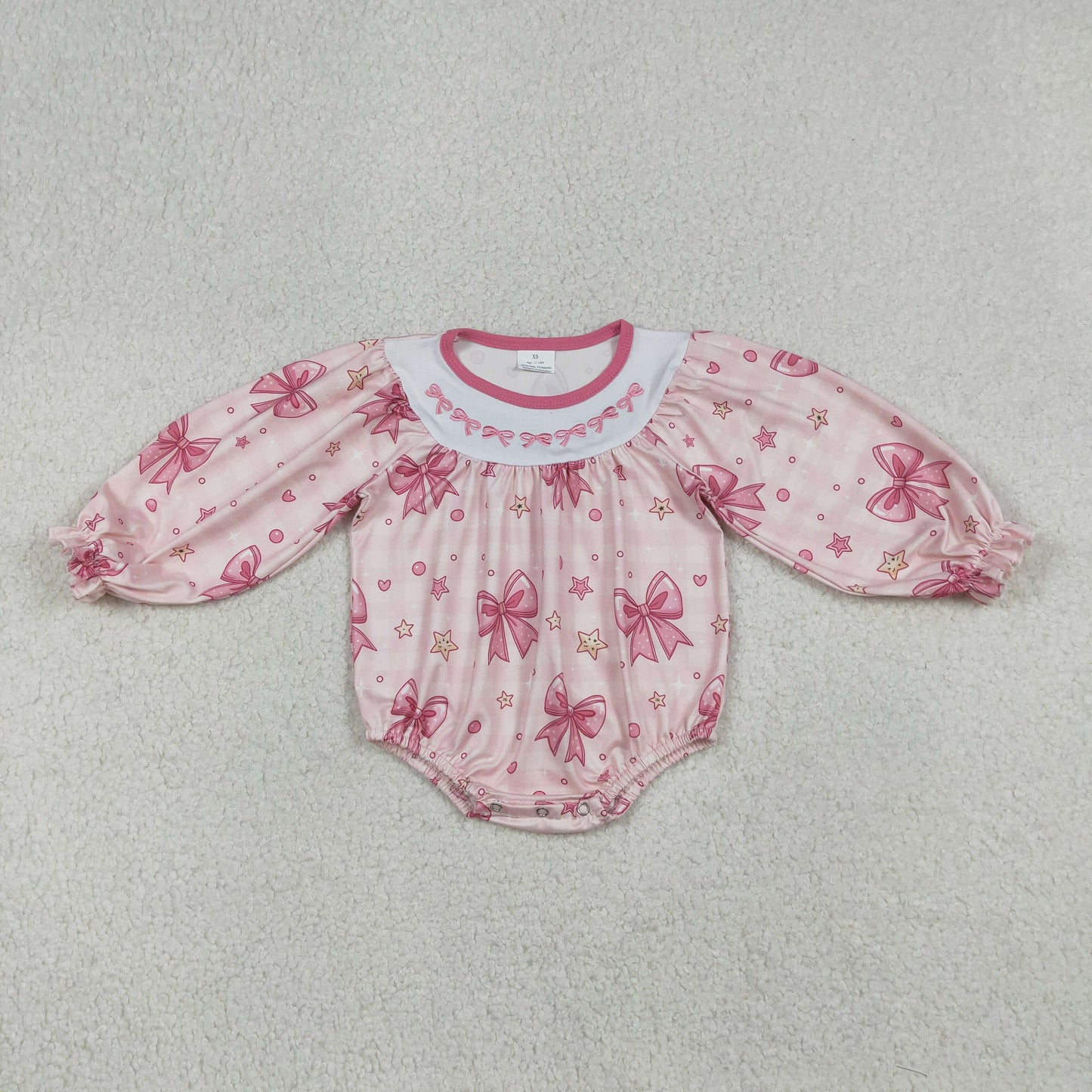 Embroidery LR2771 pink bows star checkered long sleeve girls romper