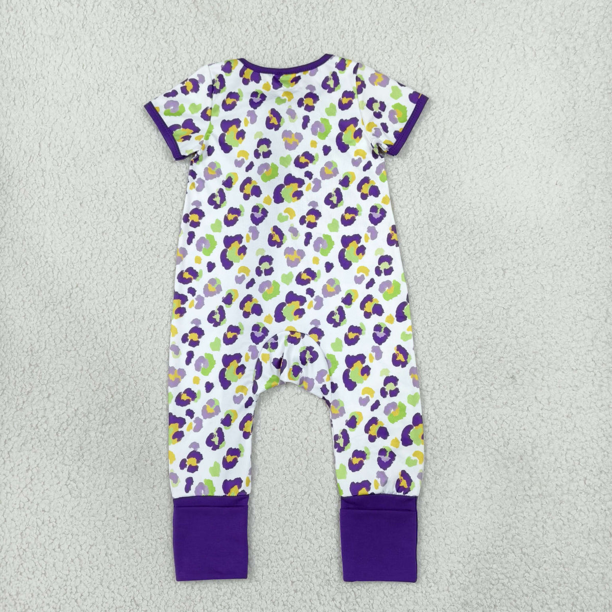 SR4312 Mardi Gras Leopard Purple Zipper Short Sleeve Girls Romper
