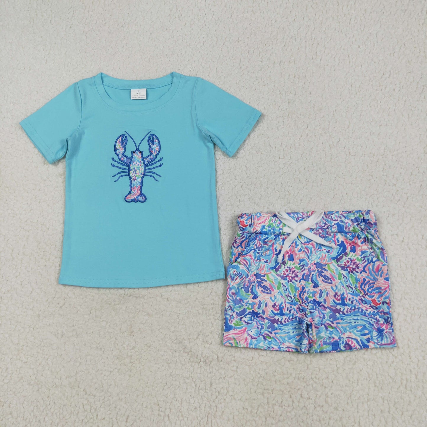 embroidery BSSO1479 crayfish green short sleeve colorful print shorts boys set