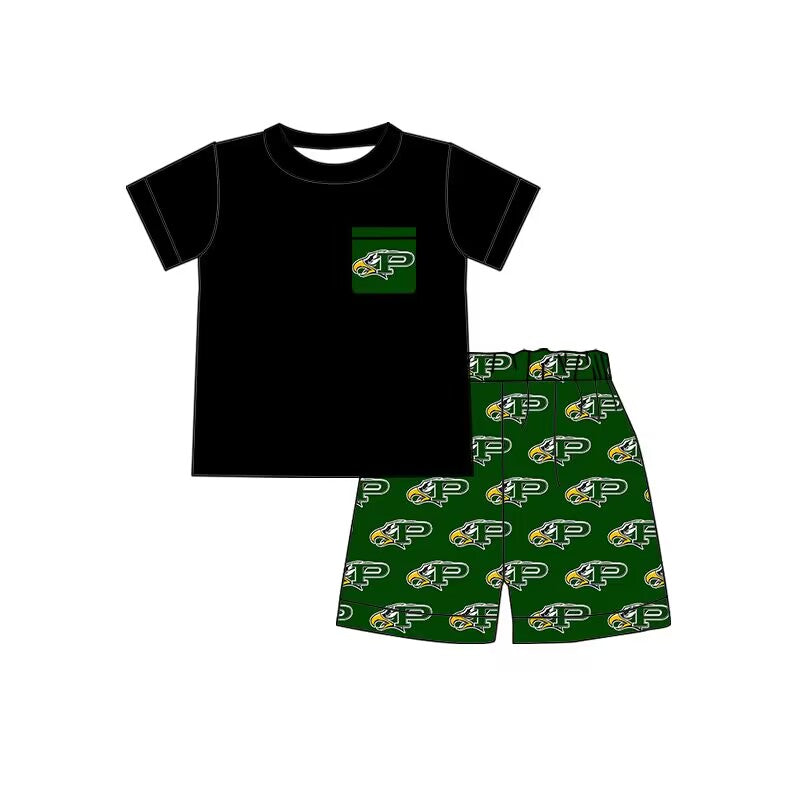 custom style EAGLES black short sleeve green shorts boys set