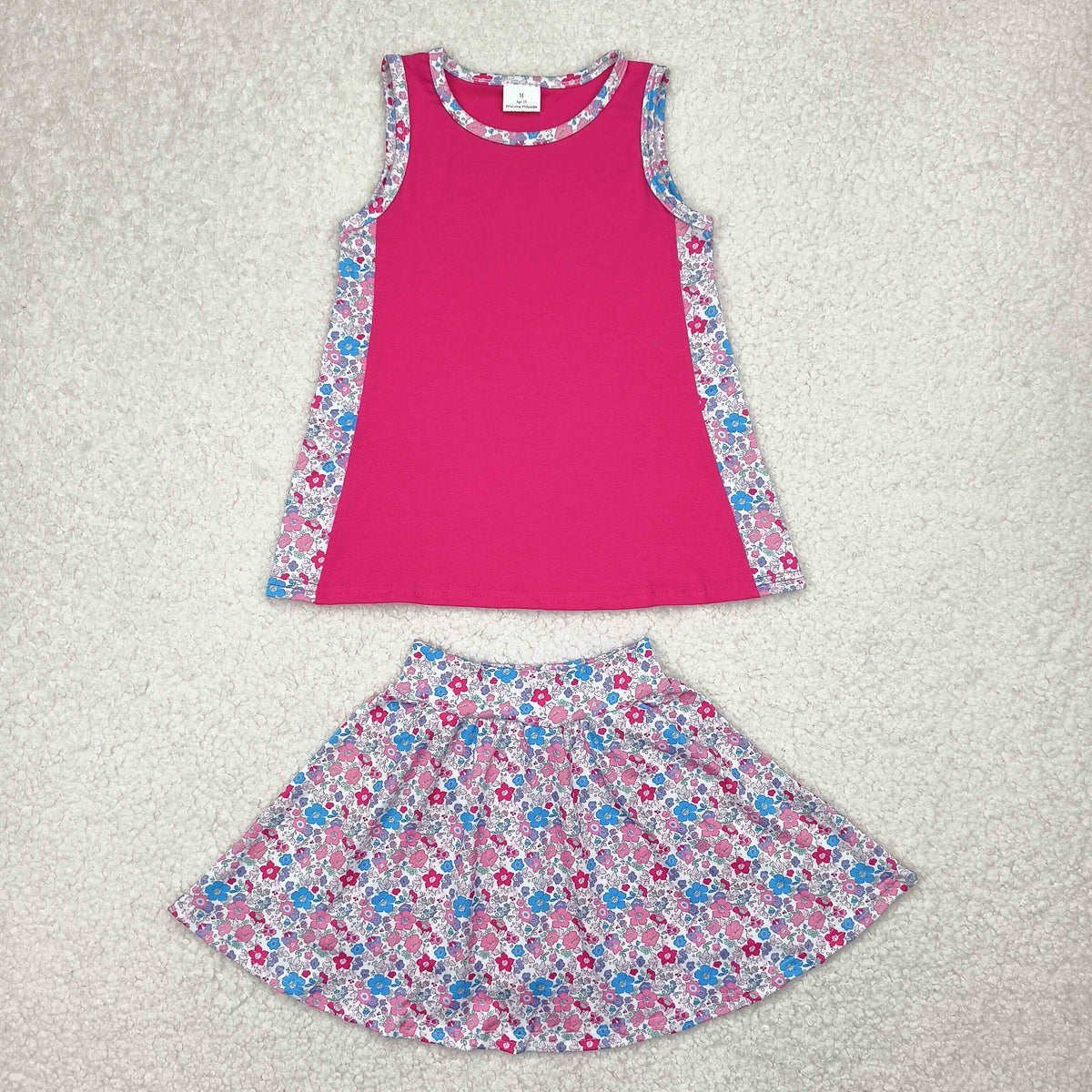 GSD1926 hot pink vest t-shirt colorful flowers skirt girls milk silk set