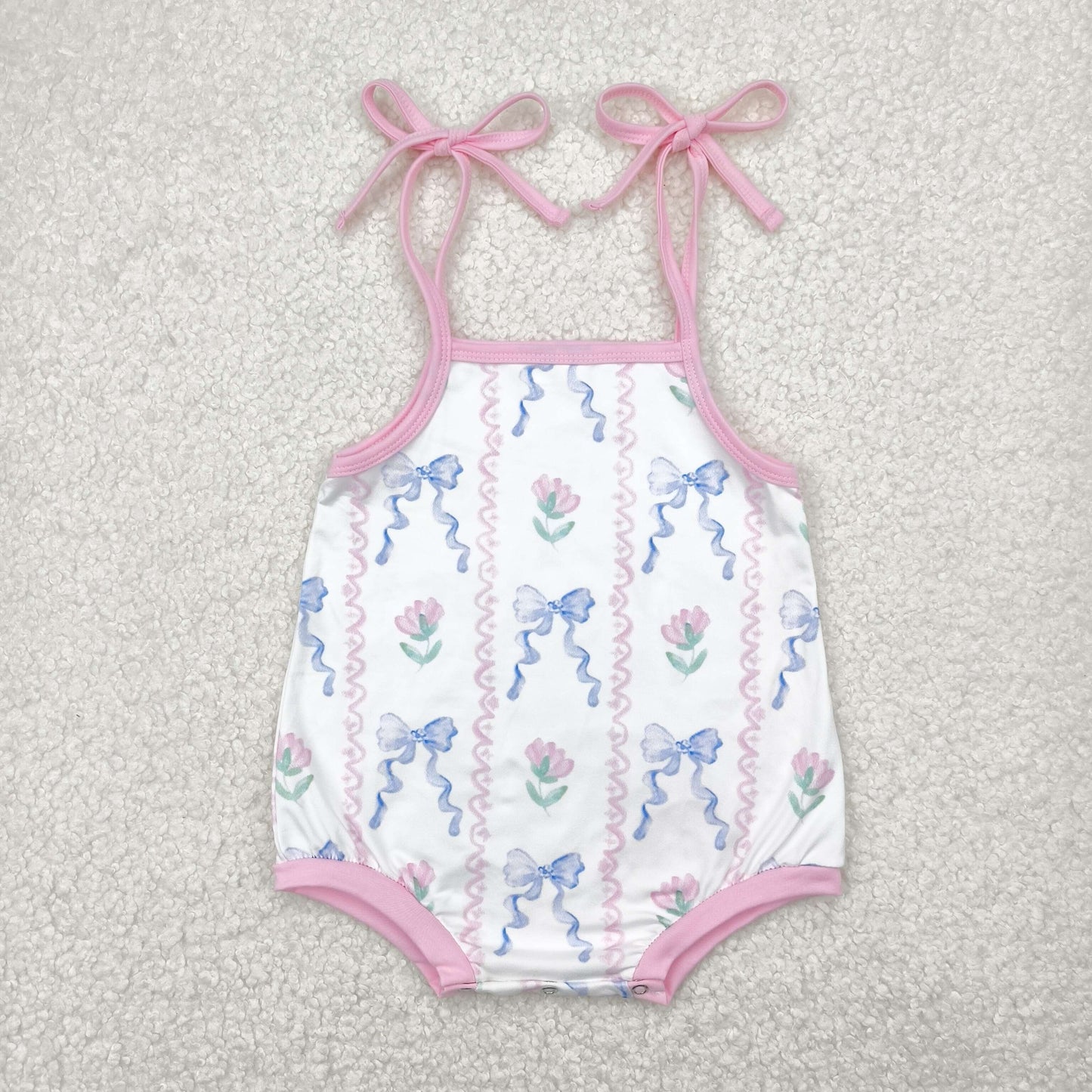 SR2858 pink fowers blue bows girls romper
