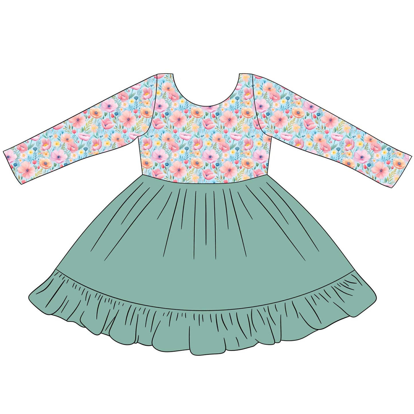 Custom Flowers Green Long Sleeve Girls Dress