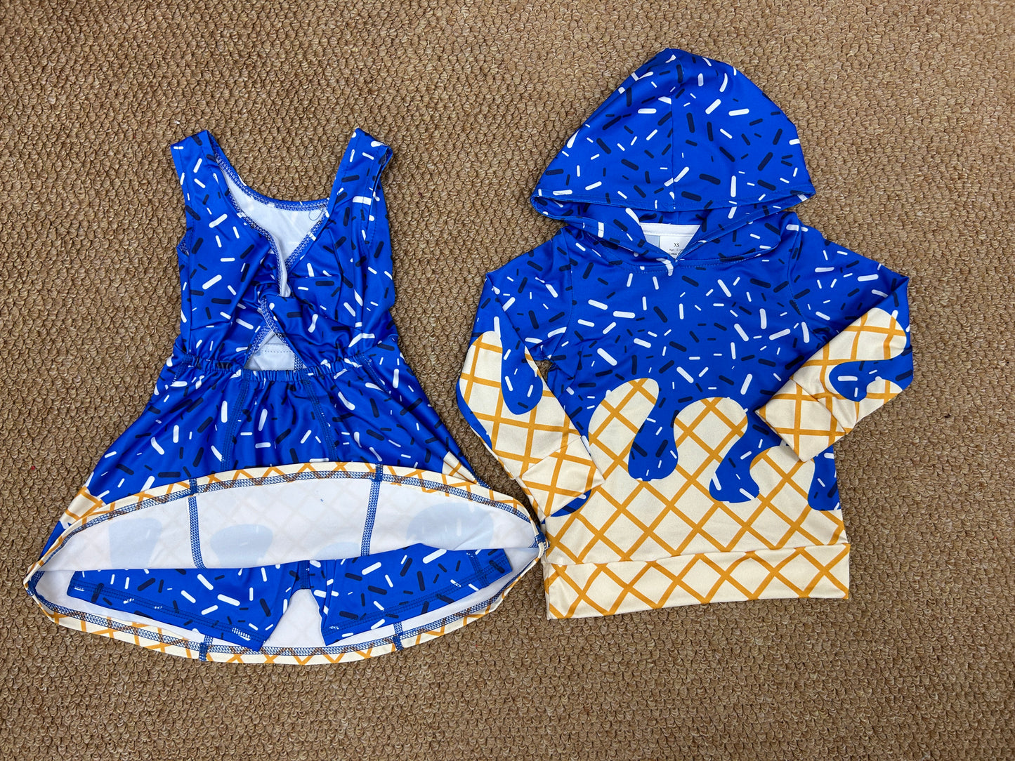 blue ice hoodie top/yoga skorts dress RTS sibling clothes