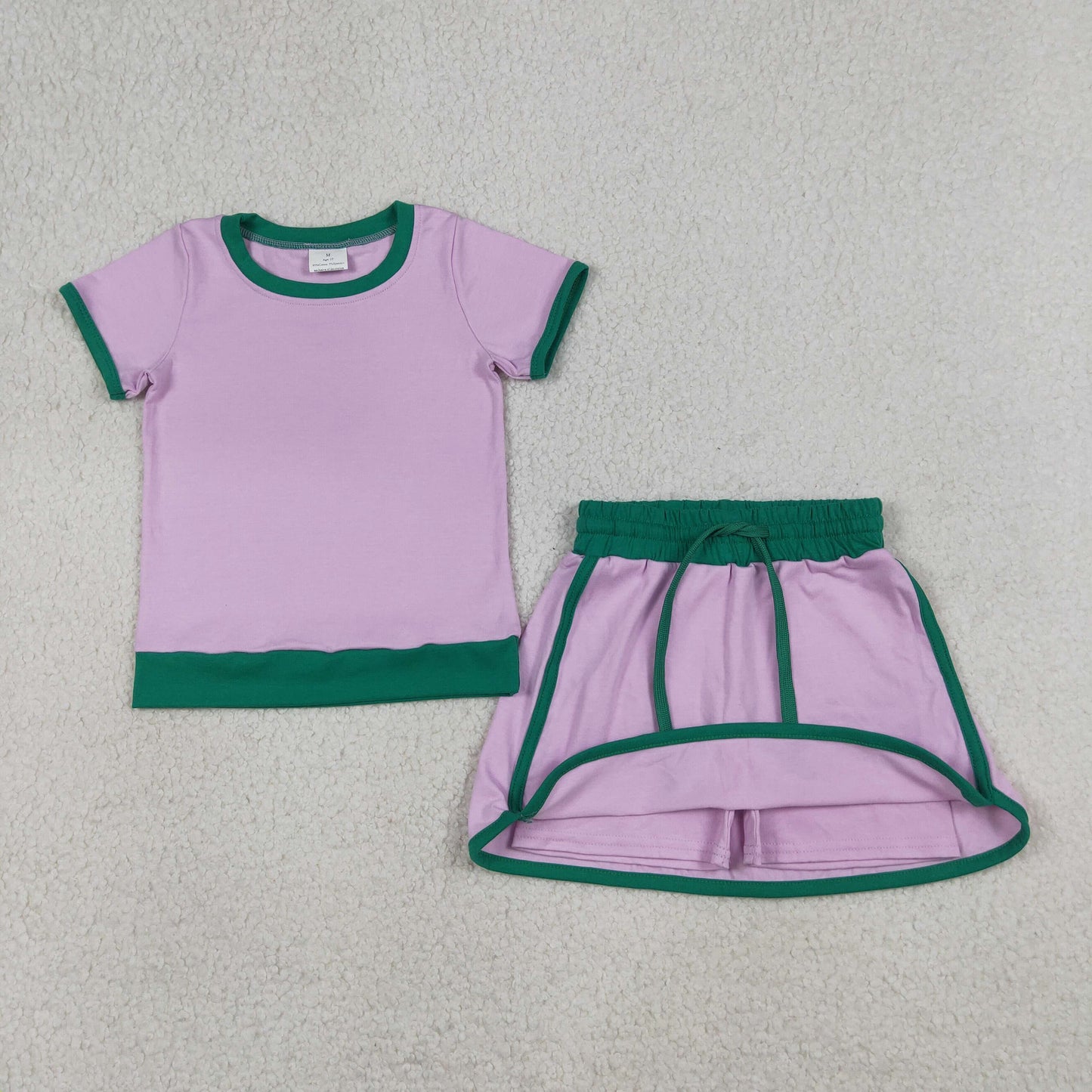 GSD3672 Cotton Pink Short Sleeve Skorts Girls Set