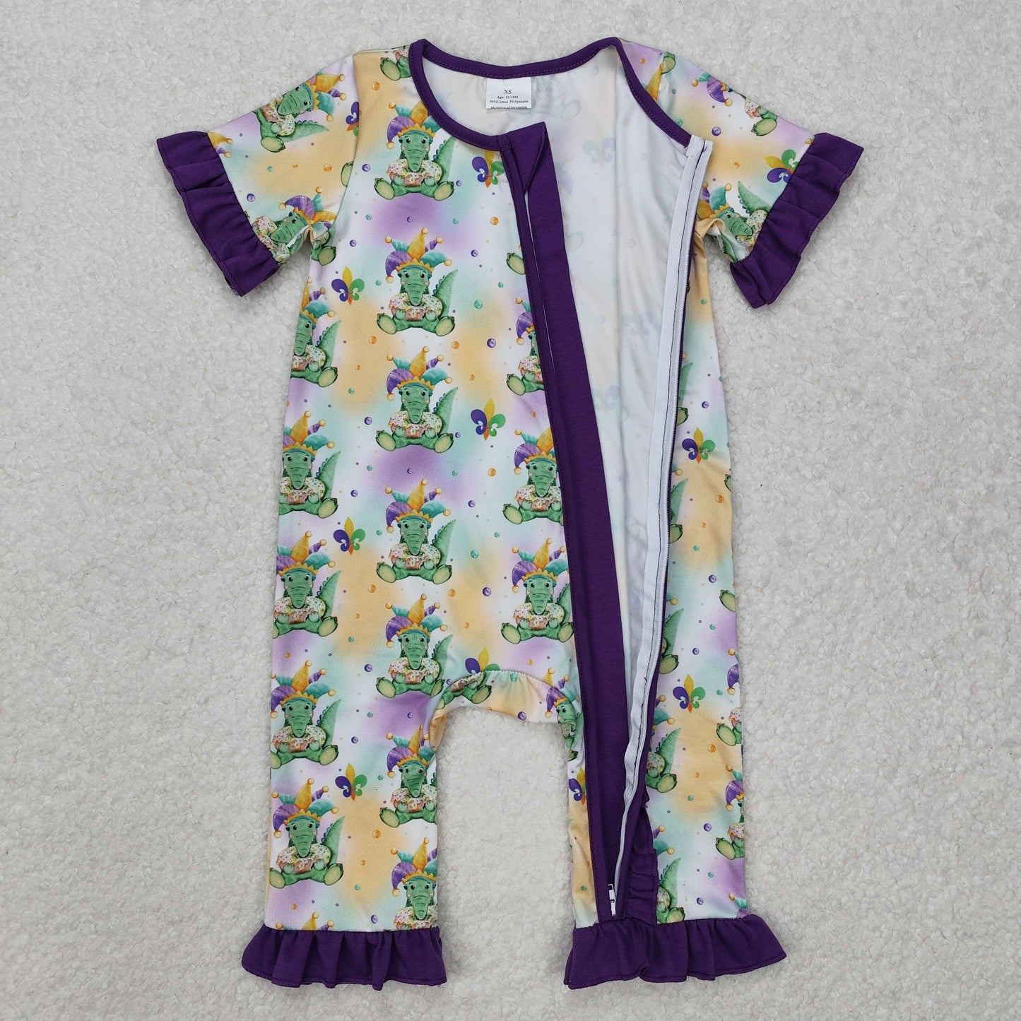 SR2068 Mardi Gras Dinosaur Purple Short Sleeve Zipper Girls Romper