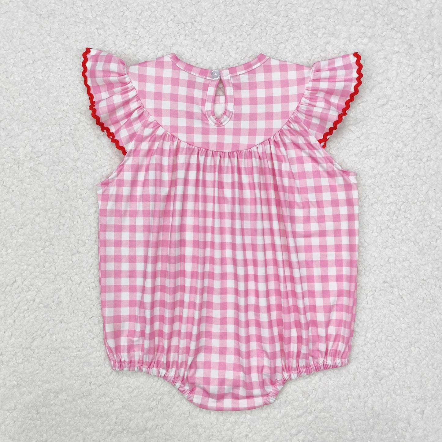 SR2214 smocked embroidery Valentine's Day heart bows pink checkered flutter sleeve girls romper