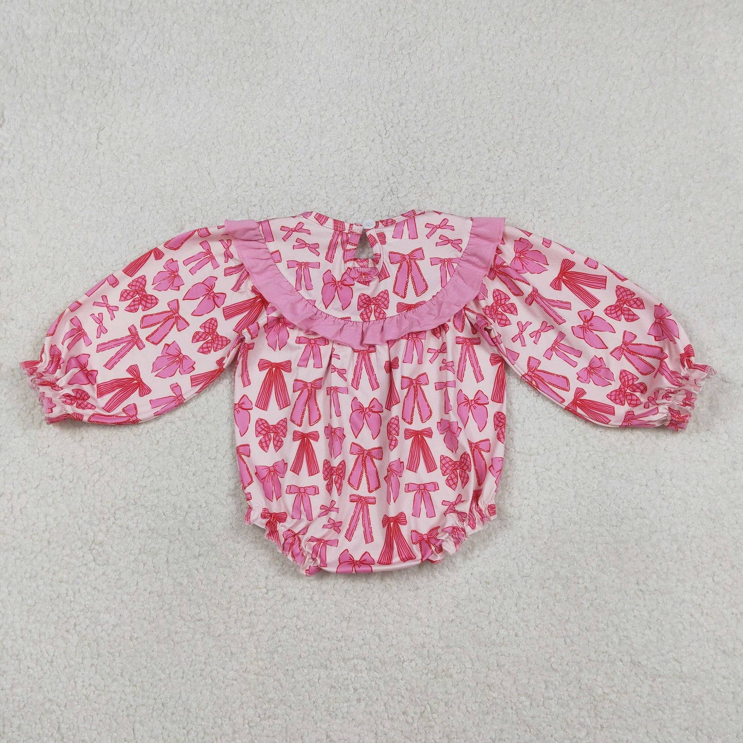 Smocked Embroidery LR2842 Daddy's Valentine Hot Pink Bows Long Sleeve Girls Romper