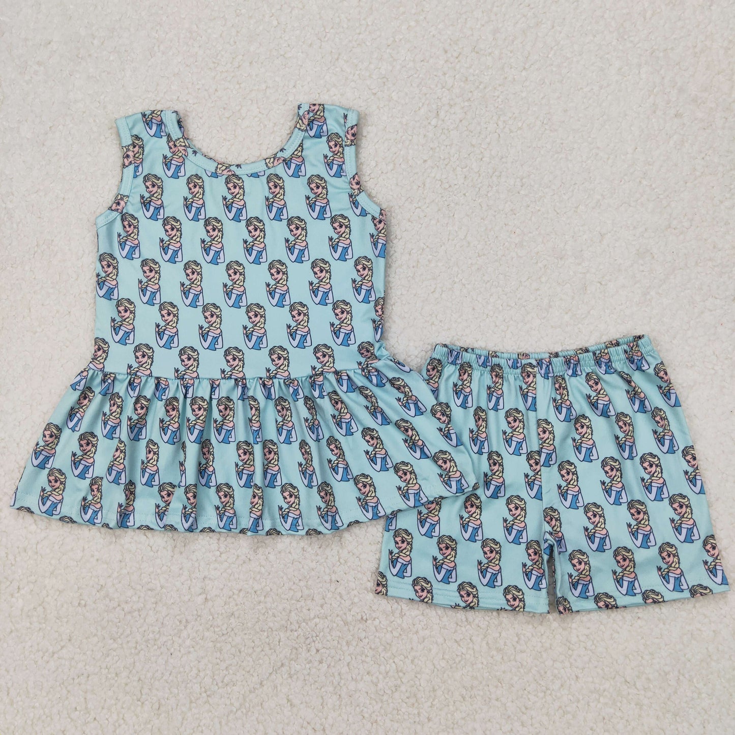 GSSO2234 cartoon princess blue sleeveless shorts girls set