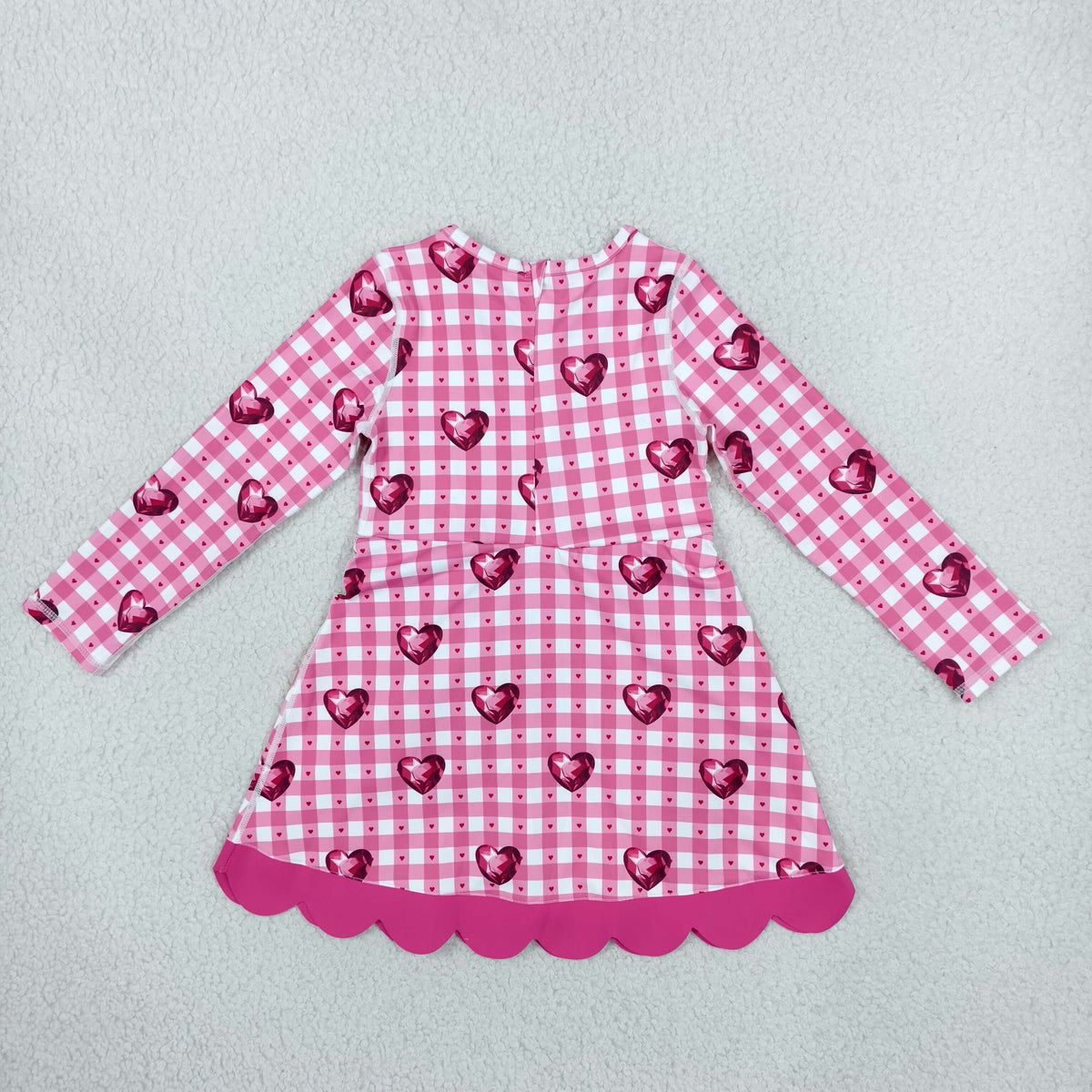 GLD1750 Yoga Valentine's Heart Pink Checkered Long Sleeve Girls Dress
