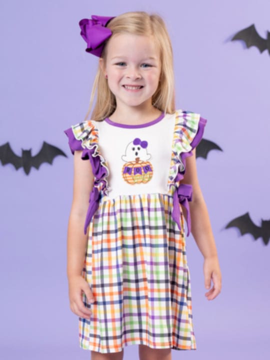 custom Halloween spooky purple checkered flutter sleeve girls dress