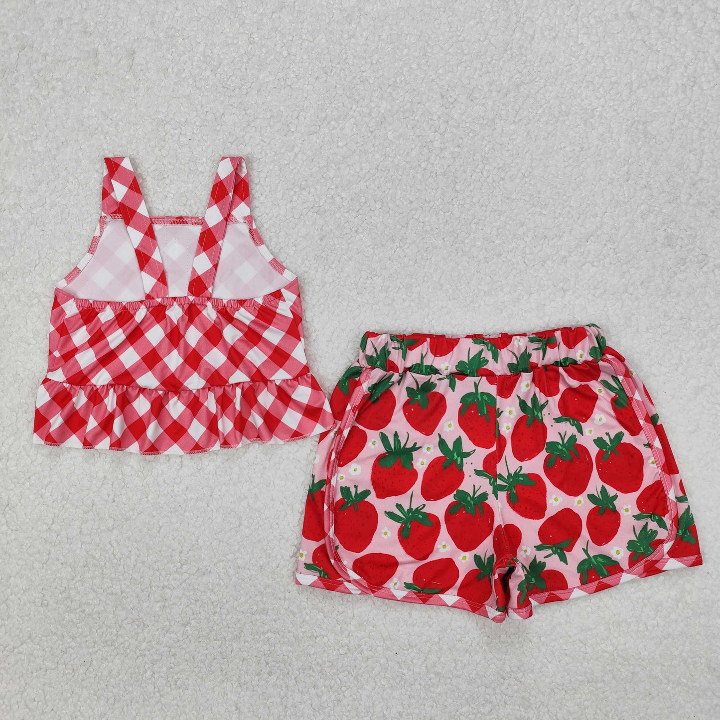 GSSO2037 red checkered camisole top strawberry flowers shorts girls set