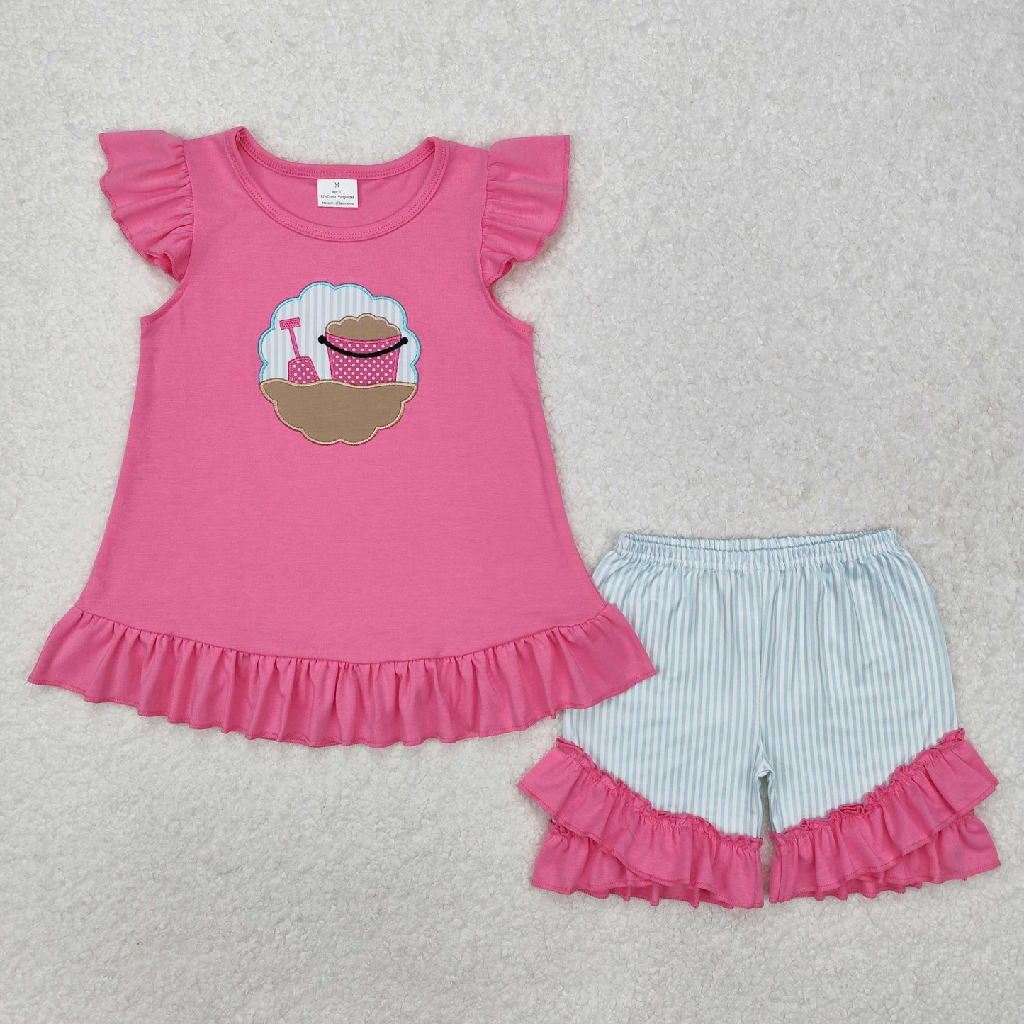 embroidery GSSO1785 beach hot pink flutter sleeve blue striped shorts girls set