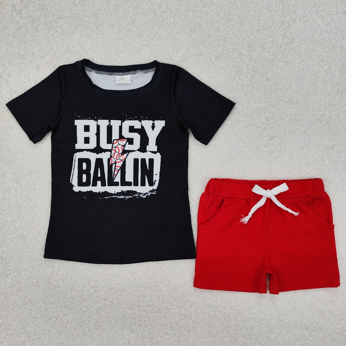 BSSO1318 busy ballin flash black short sleeve red shorts boys set