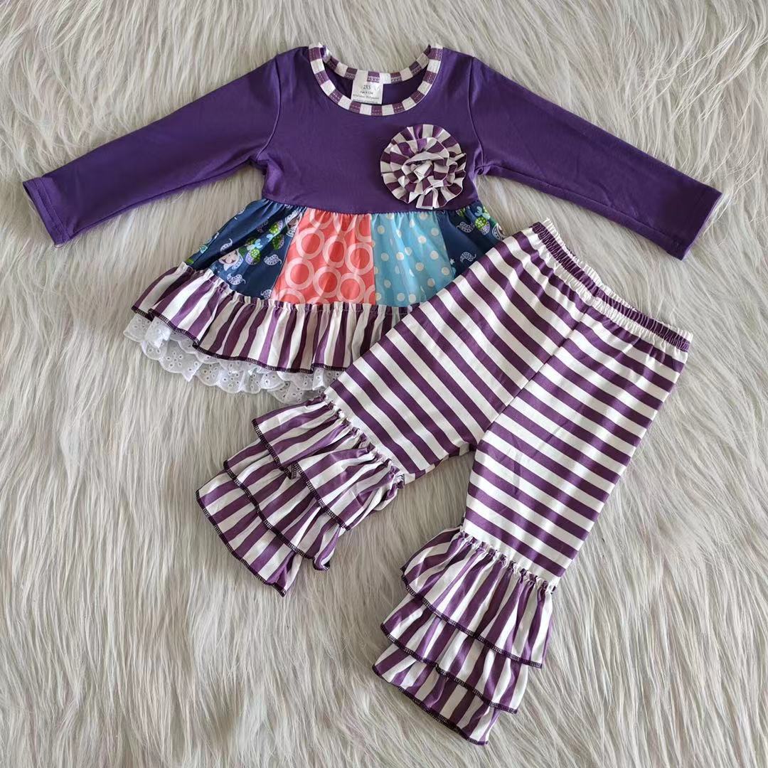 6 A22-27 Dark Purple Flowers Long Sleeve Striped Pants Girls Set