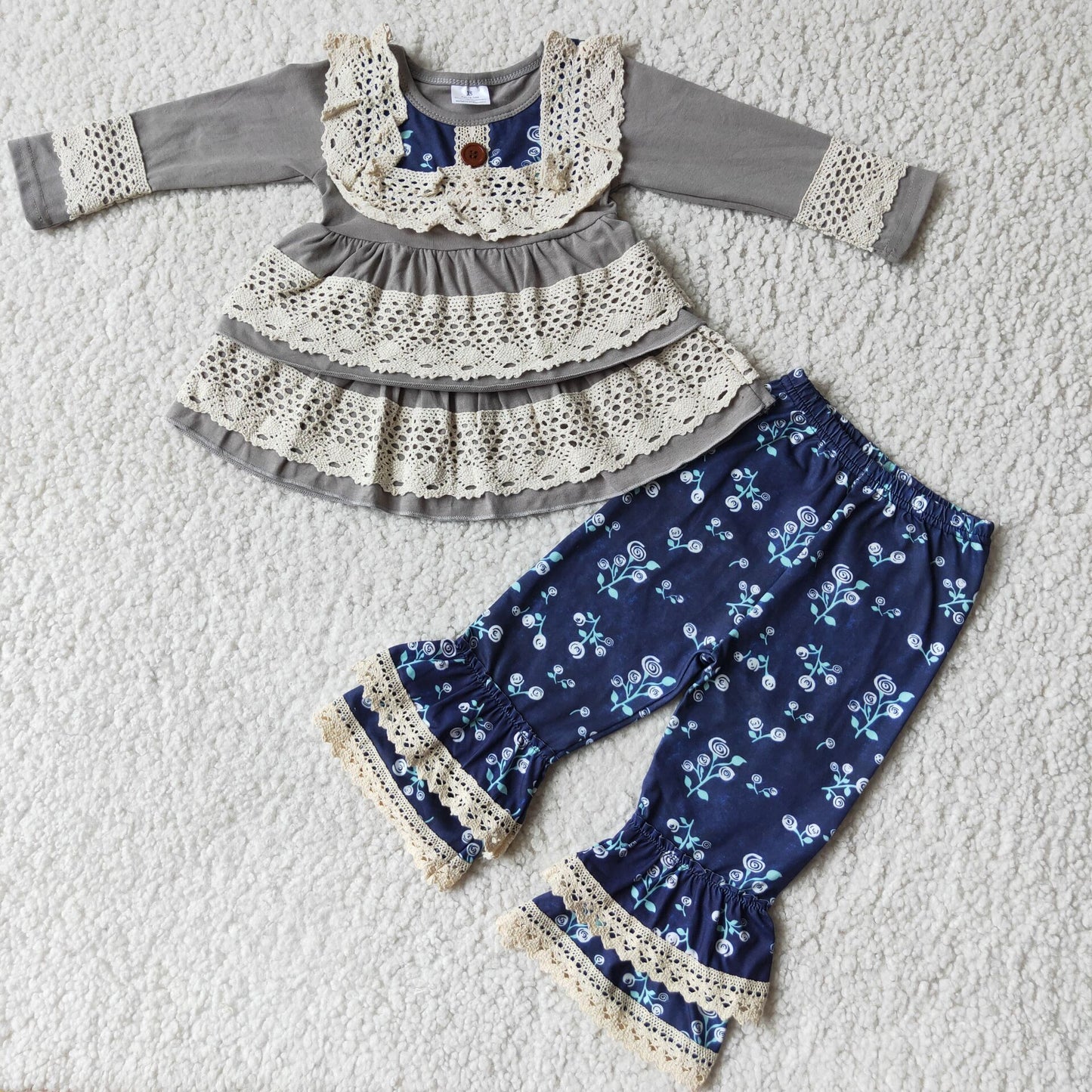 6 A28-2 Grey Lace Long Sleeve Navy Flowers Pants Girls Set