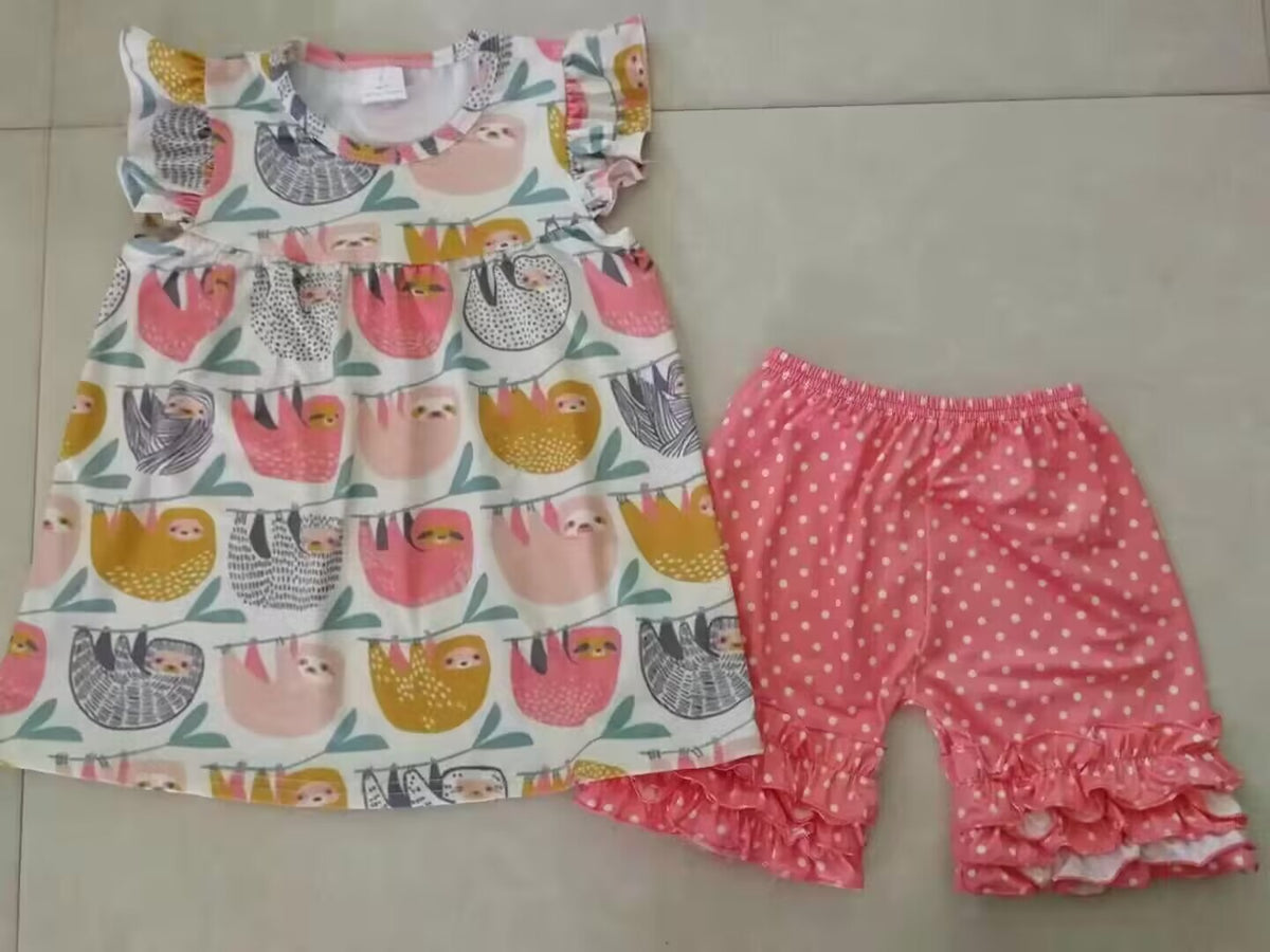 custom S colorful sloth flutter sleeve pink dot shorts girls set