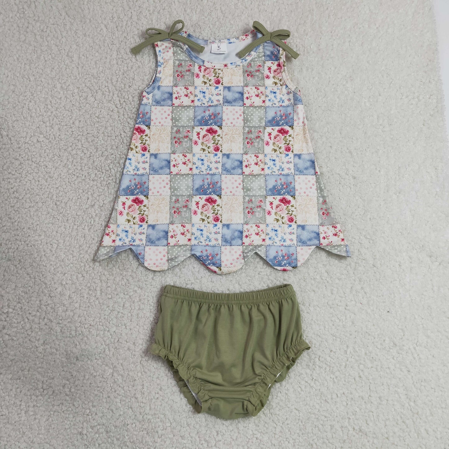 GBO0511 Scallop Floral Bows Sleeveless Girls Bummies Set