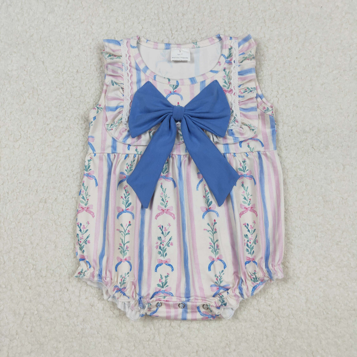 SR3045 pink flowers striped blue bows girls romper