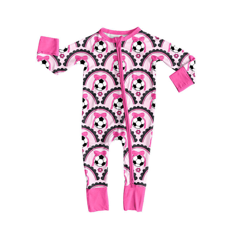 Custom moq 20 bamboo cartoon soccer bows hot pink zipper long sleeve girls romper