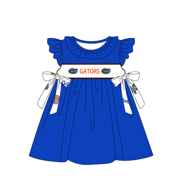 Custom Moq 3 Football Team Gators Blue Flutter Sleeve Bows Girls Dress
