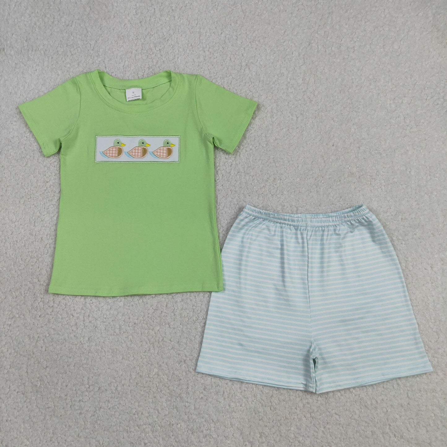 Embroidery BSSO1946 Mallard Duck Green Short Sleeve Blue Shorts Boys Set