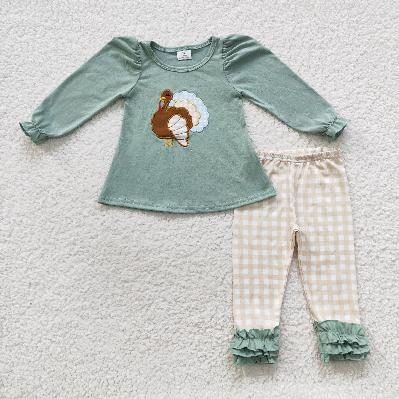GLP0534 Thanksgiving Turkey Blue Long Sleeves Plaid Print Pants Girls Clothes