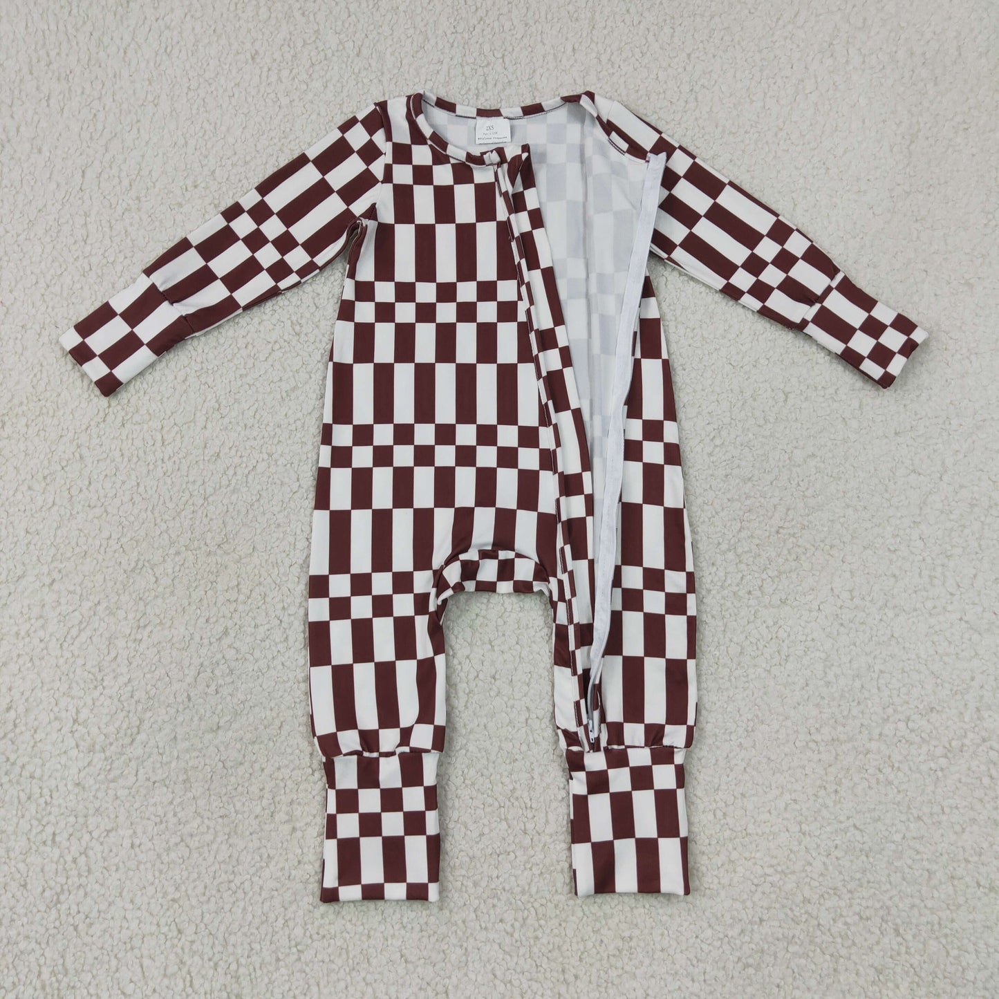 LR3114 Maroon Checkered Zipper Long Sleeve Boys Romper