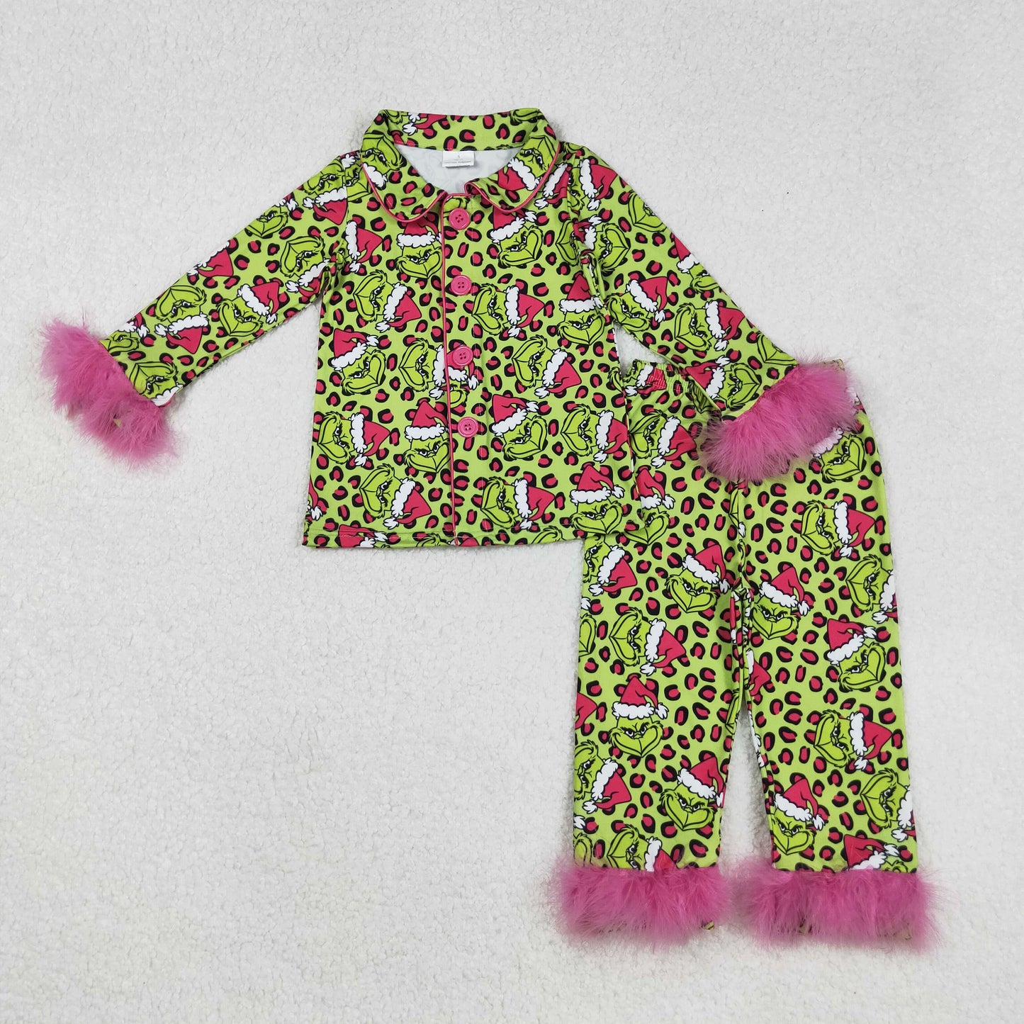 GLP2669 Christmas green face leopard long sleeve pants fur girls pajamas