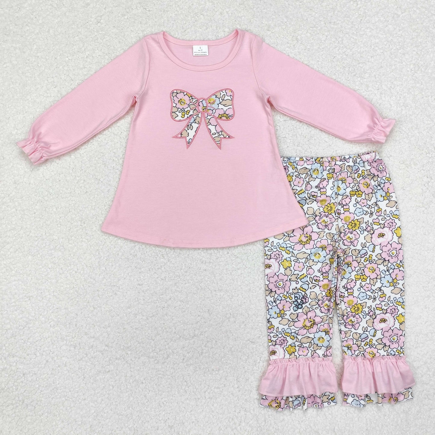 embroidery GLP1836 pink bow long sleeve colorful flowers pants girls set