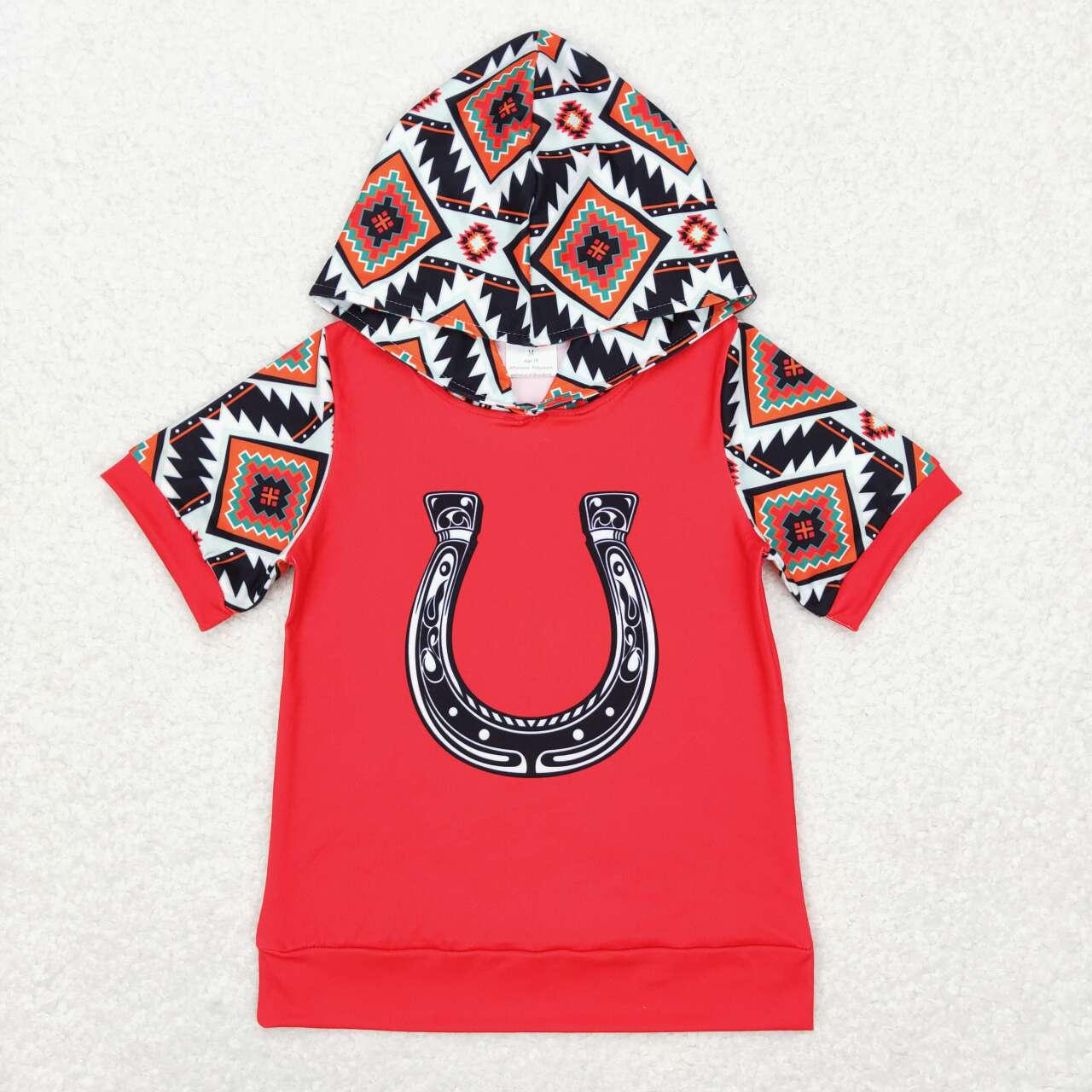 BT0459 Western Aztec horse shoe red short sleeve hoodie boys pullover