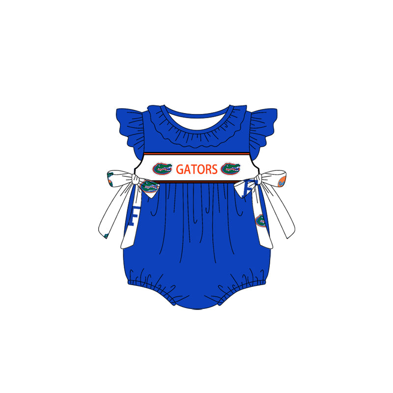Custom Moq 3 Football Team Gators Blue Flutter Sleeve Bows Girls Romper