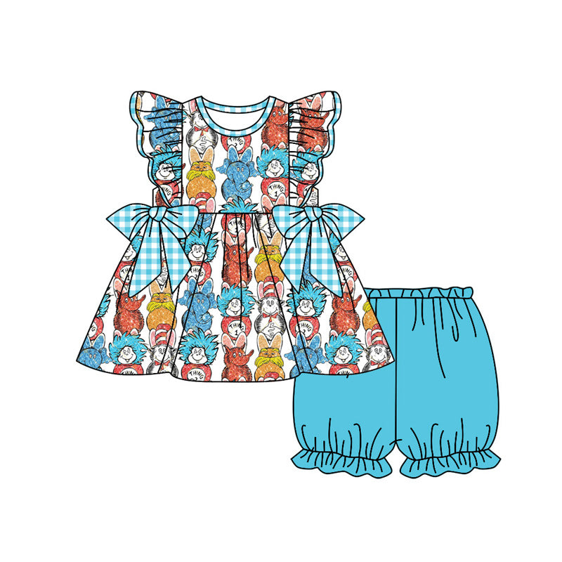MOQ 3 Custom Cartoon Dr Animals Blue Bows Flutter Sleeve Shorts Girls Set