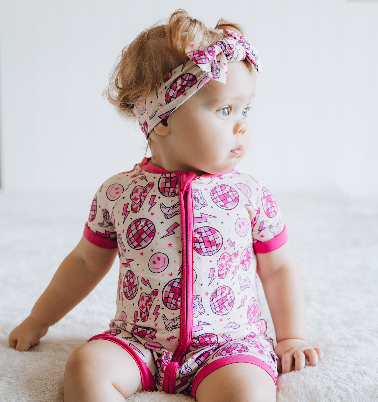 preorder SR2372 Western Light Hat Boot Hot Pink Short Sleeve Girls Romper