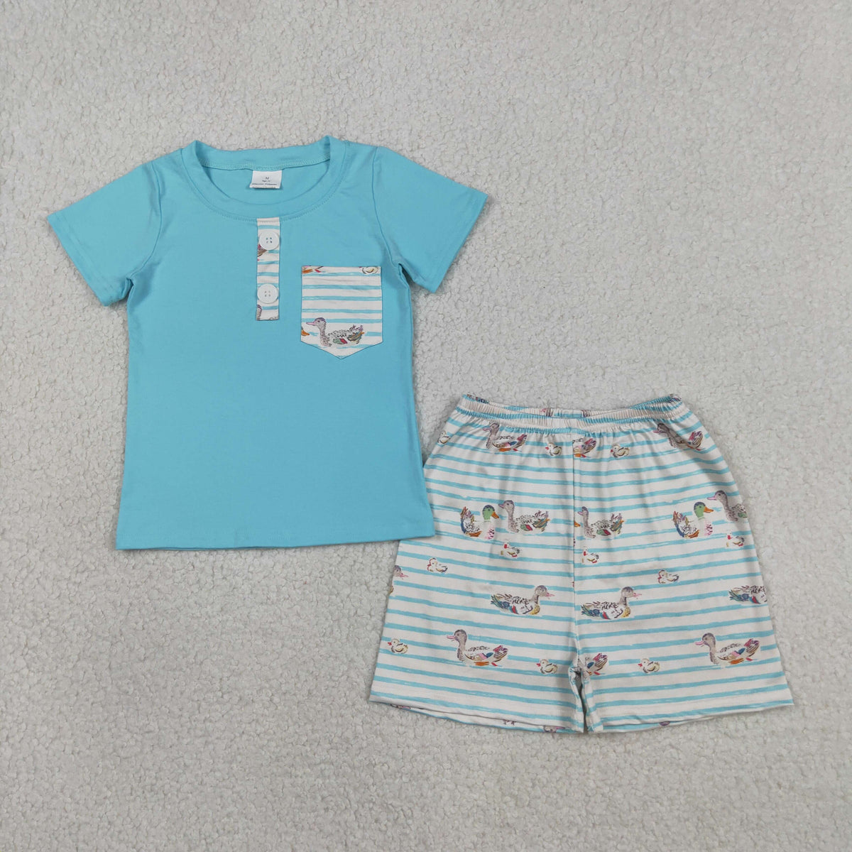 BSSO1802 Hunting Mallard Duck Pocket Blue Short Sleeve Shorts Boys Set