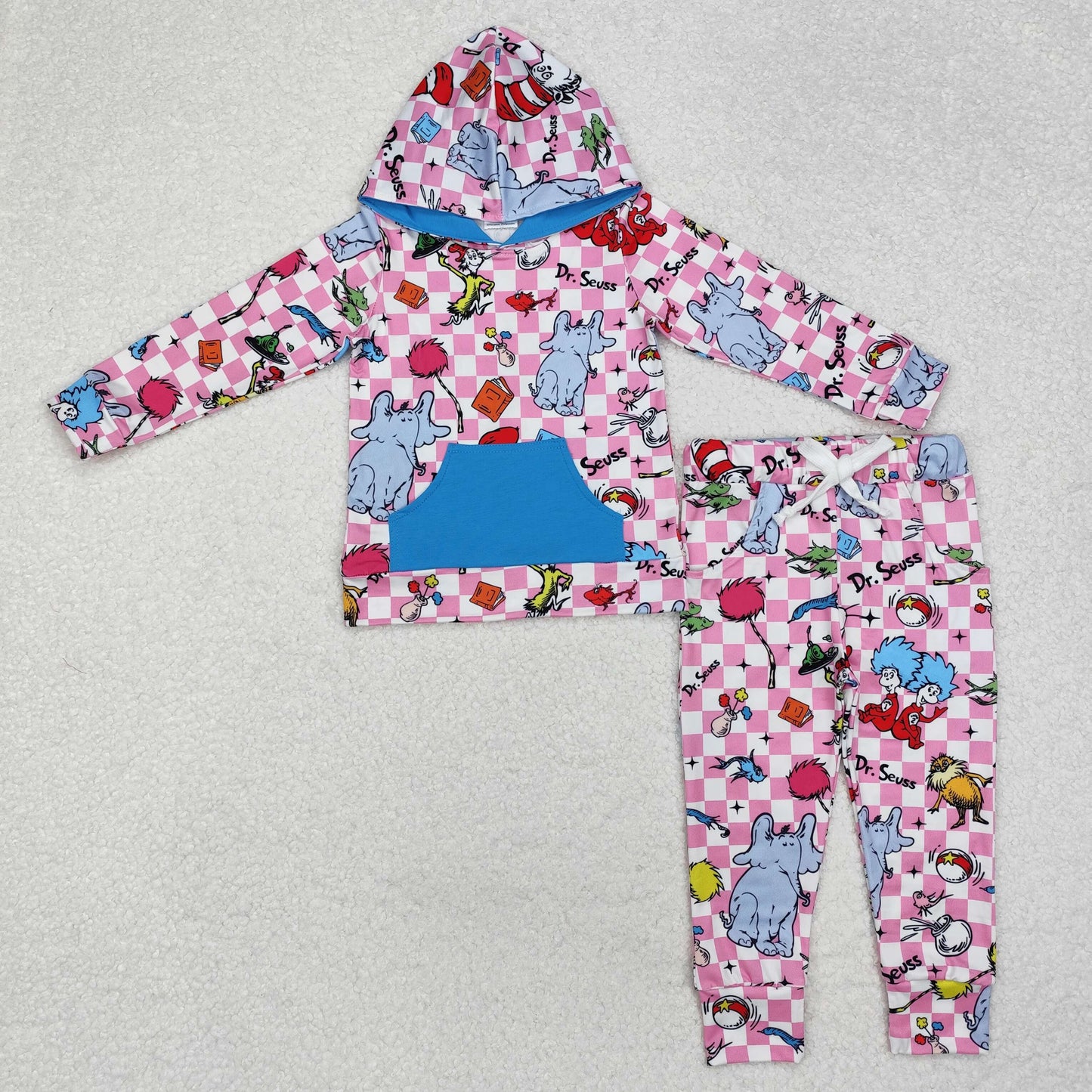 GLP1932 cartoon Dr. pink checkered pocket hoodie long sleeve pants girl set